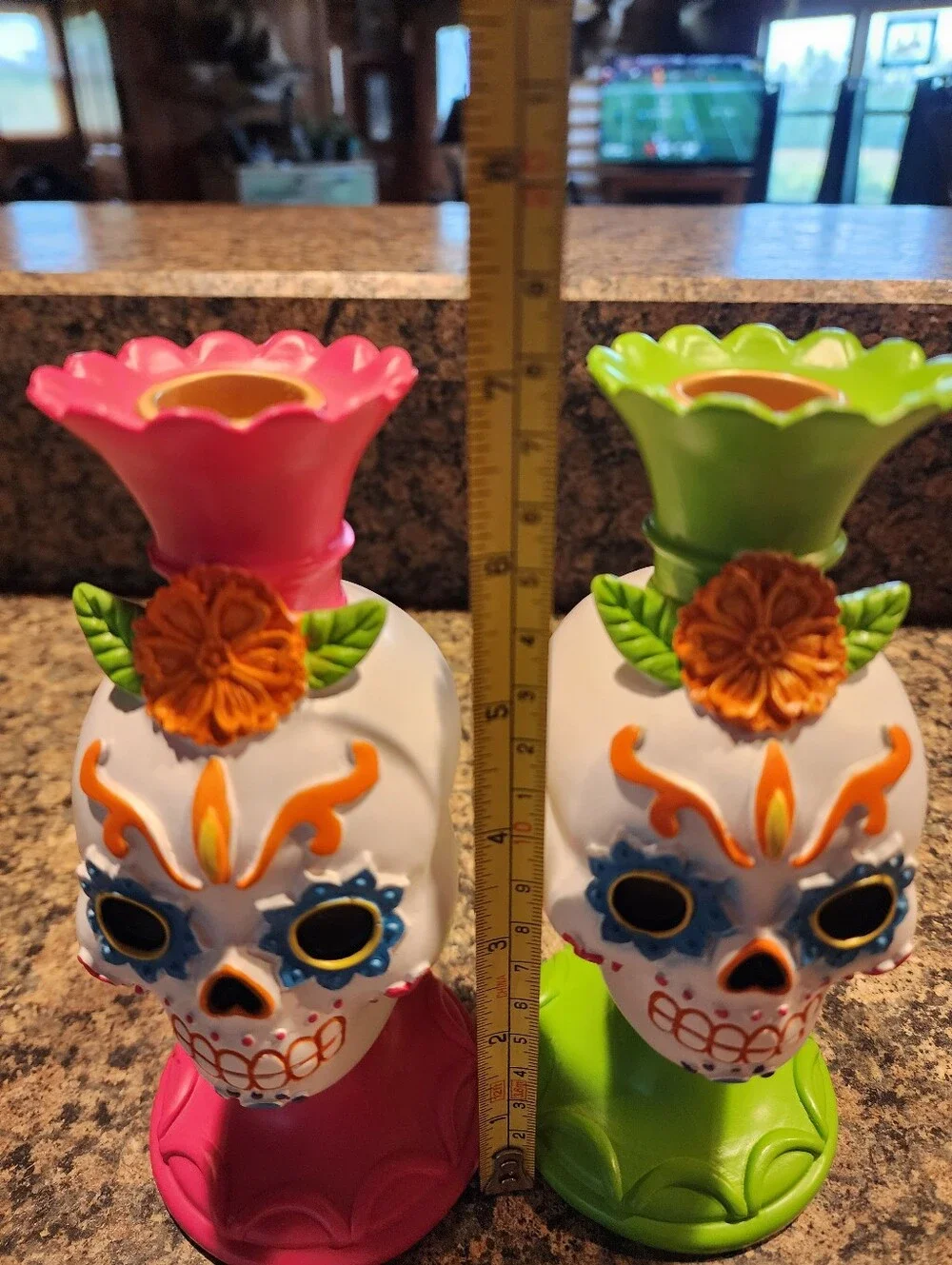 Day of the Dead Sugar Skull Candle Holders - Pink and Green